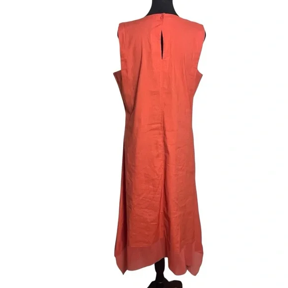 For Cynthia Linen Blend Coral Asymmetrical Sleeveless Square Neck Dress — L - Picture 8 of 11